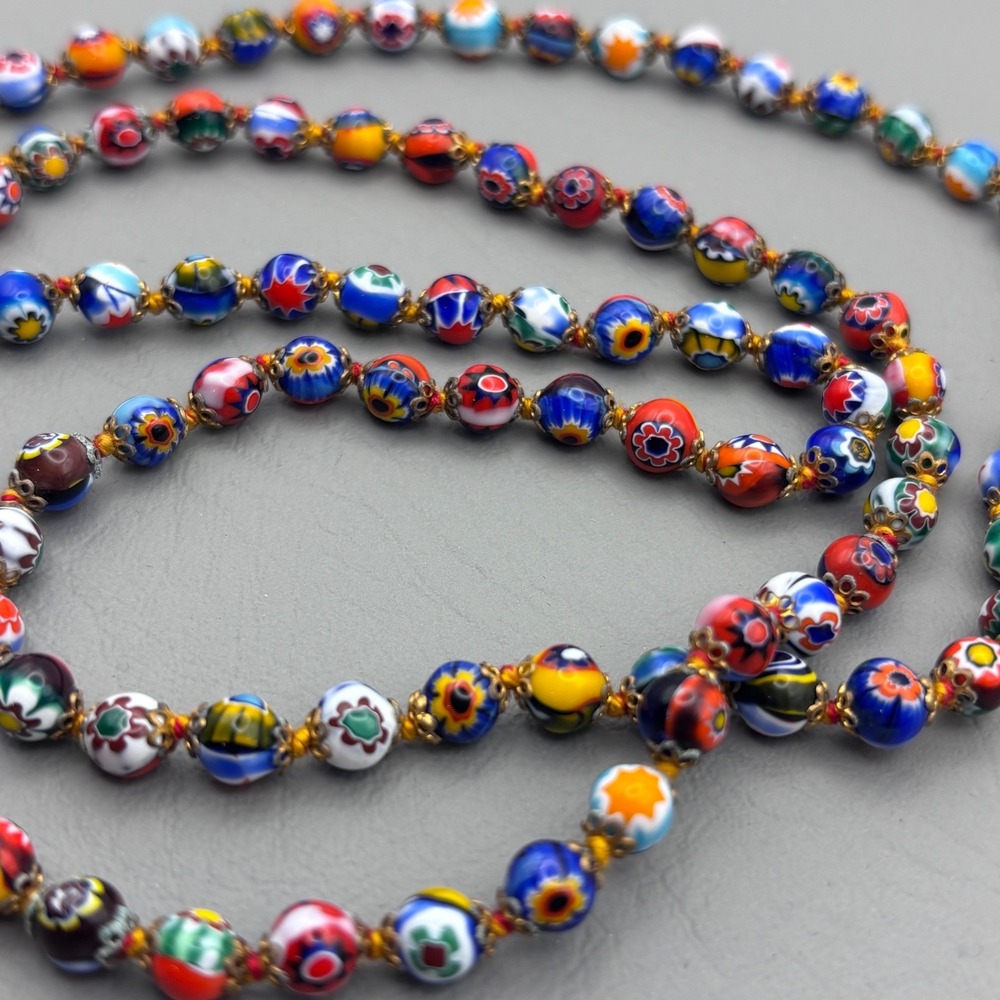 VTG Millefiori Murano Glass Hand Knotted Italian Bead Necklace 32" 5mm